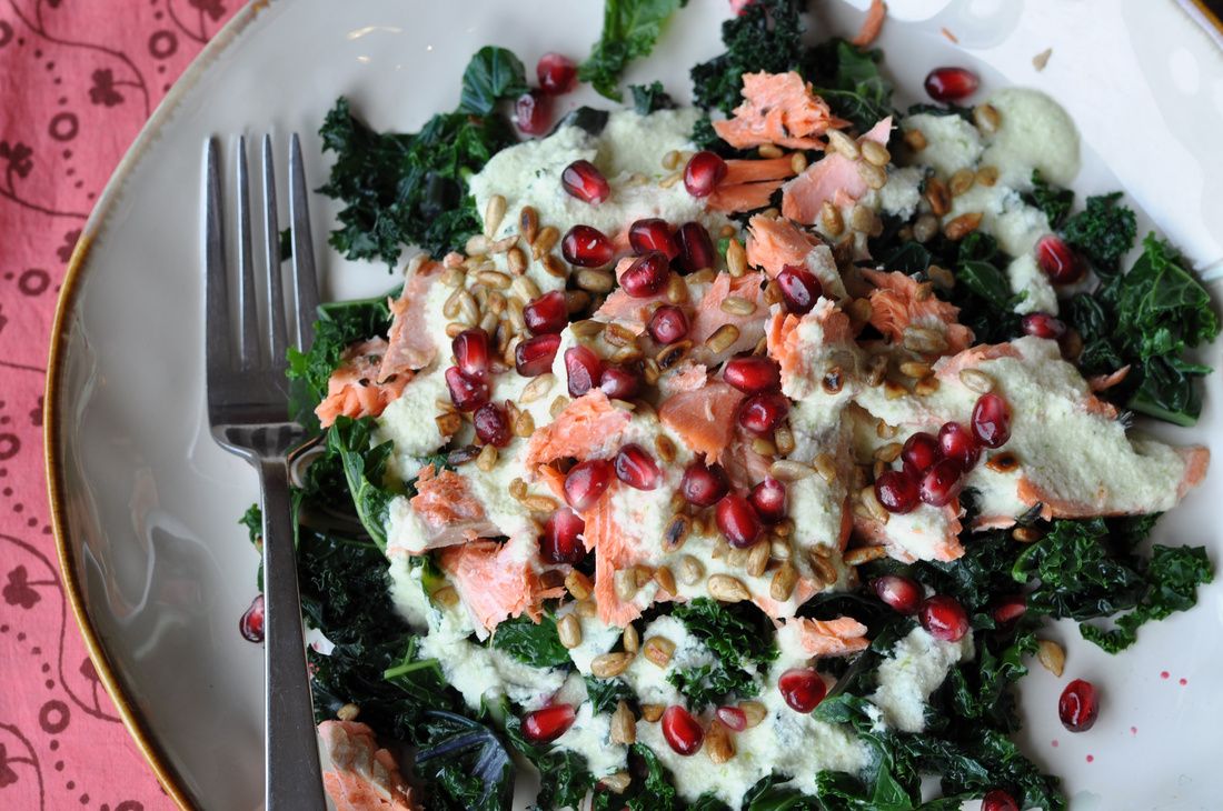 Blanched Kale Salad with Pomegranate and Green Apple Dressing