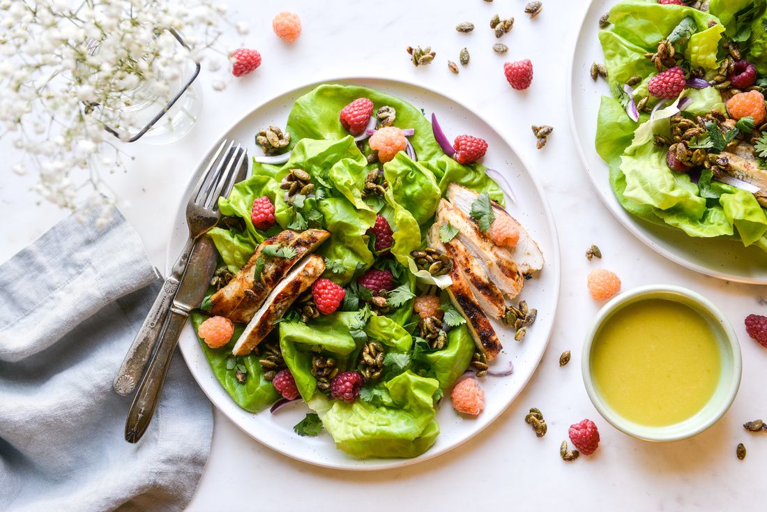 GRILLED CUMIN-LIME CHICKEN AND RASPBERRY SALAD WITH CARDAMOM-TOASTED PUMPKIN SEEDS-1