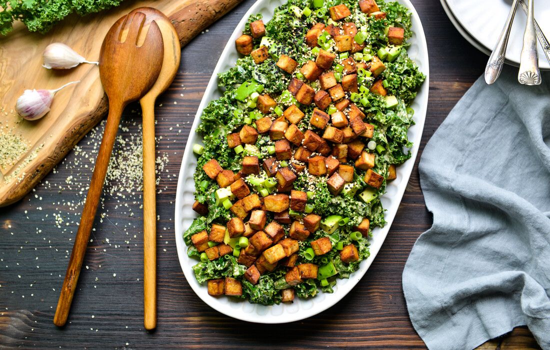 CRISPY TOFU KALE SALAD HEMP DRESSING VEGAN KETO-1