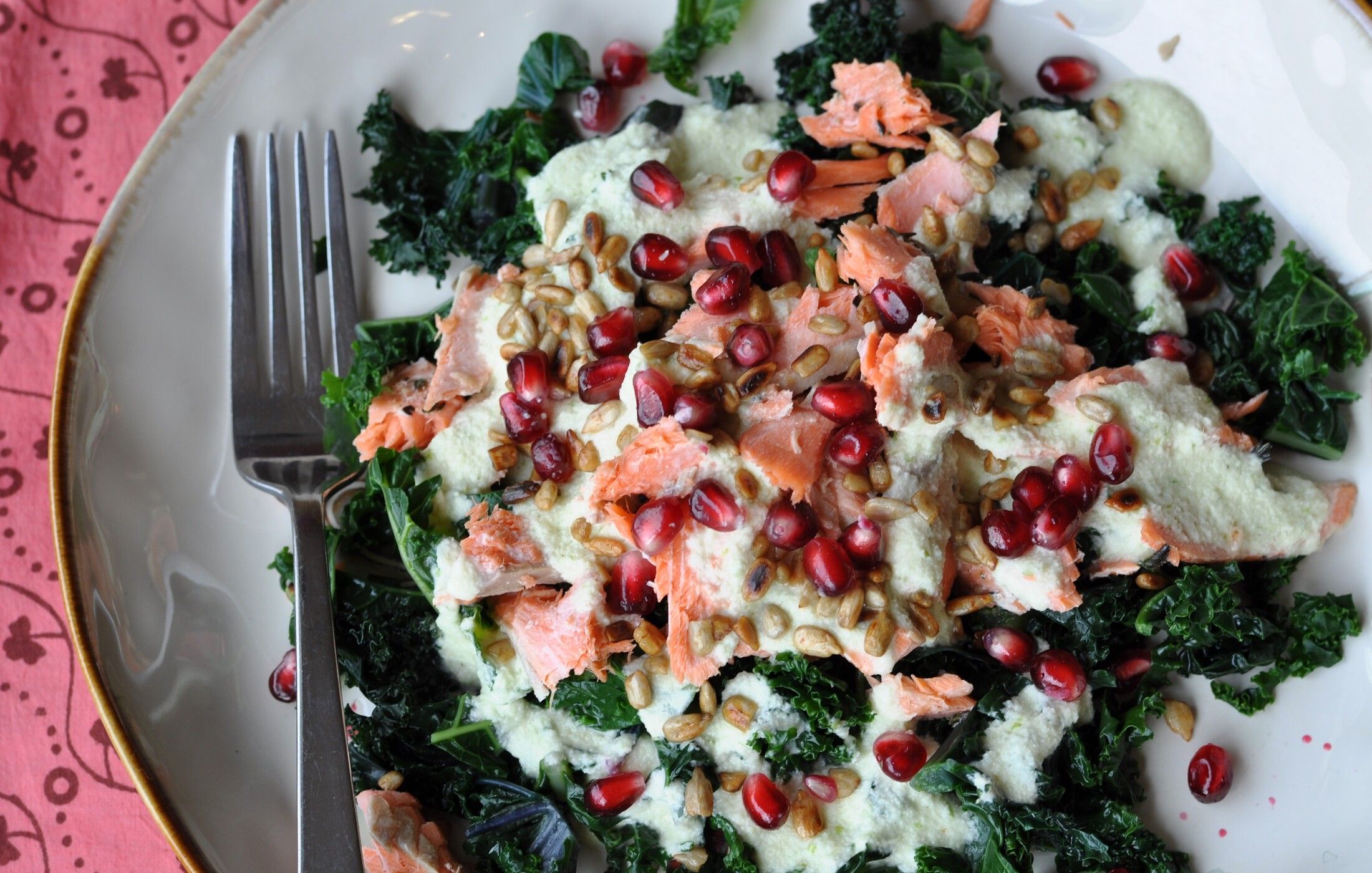 Blanched Kale Salad with Pomegranate and Green Apple Dressing