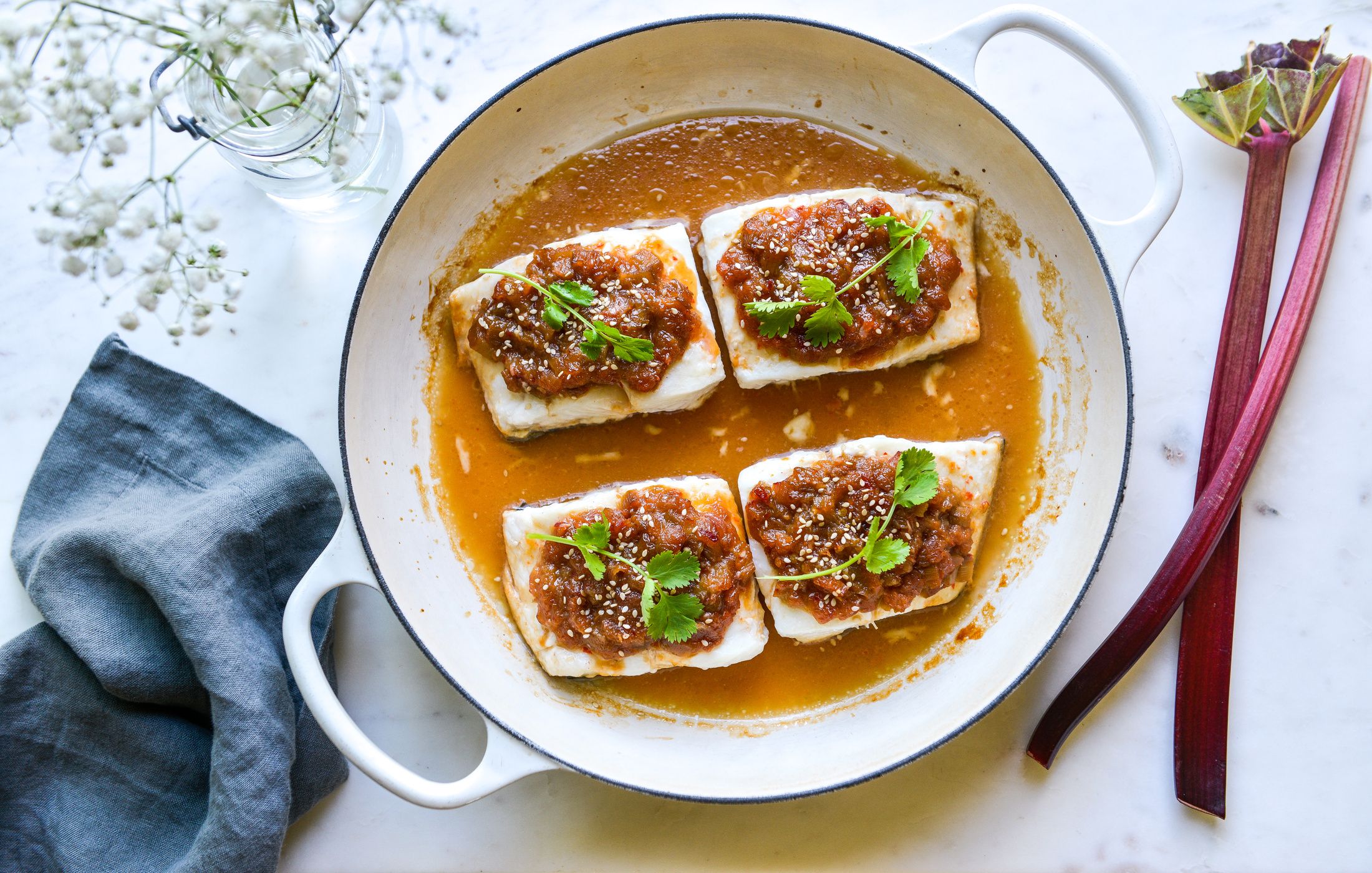 BAKED HALIBUT WITH HOT AND SOUR RHUBARB COMPOTE-1