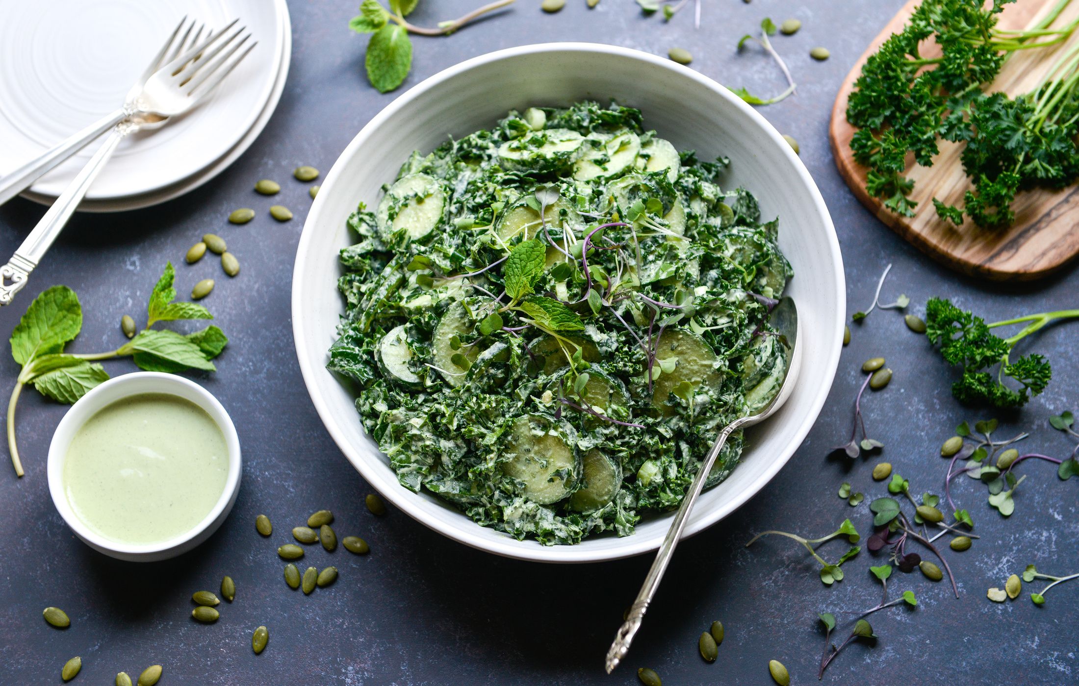 CUCUMBER KALE SALAD CREAMY PUMPKIN SEED DRESSING-1