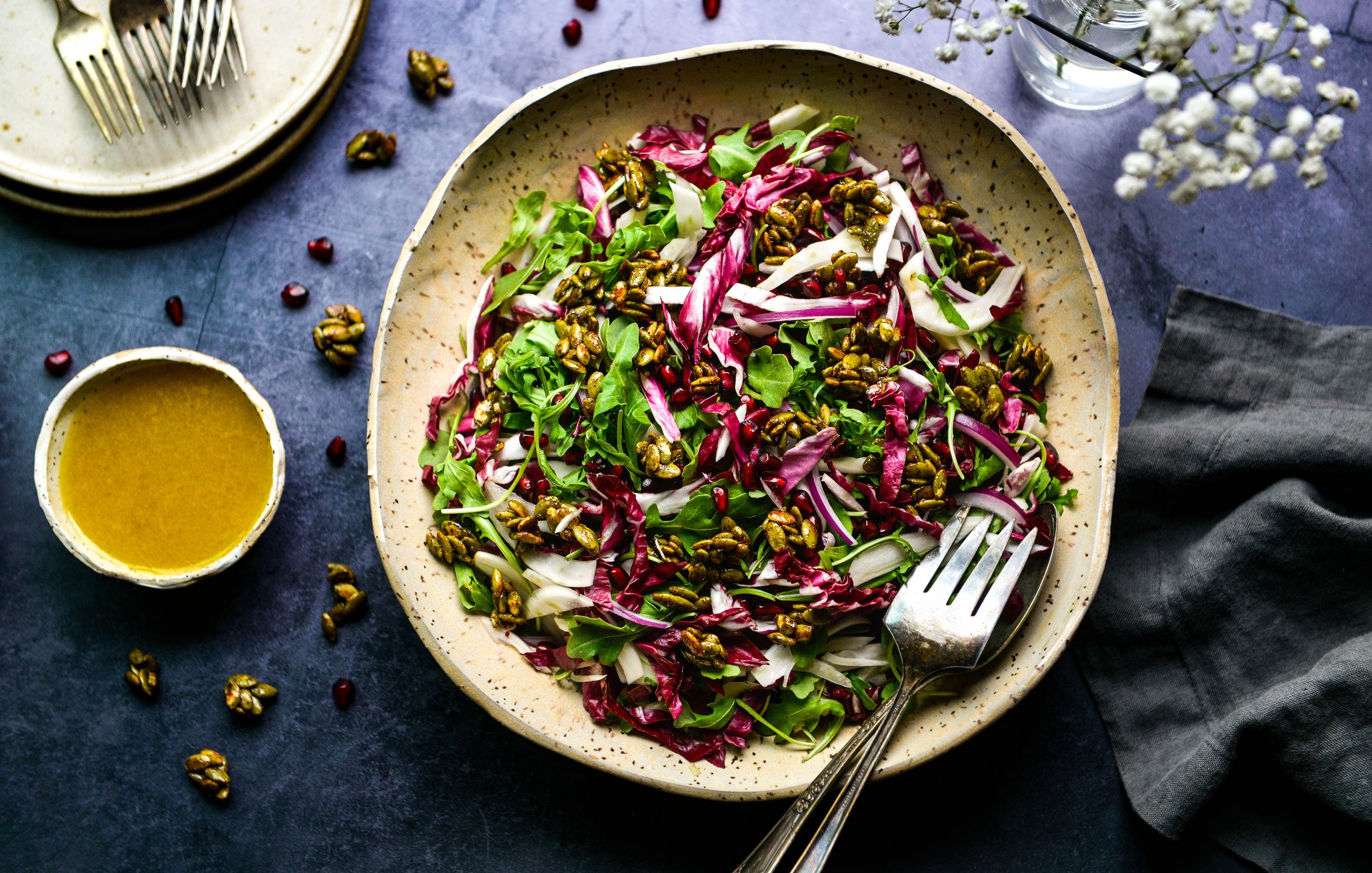 RADICCHIO-FENNEL-ARUGULA SALAD MAPLE-CAYENNE PUMPKIN SEEDS-1