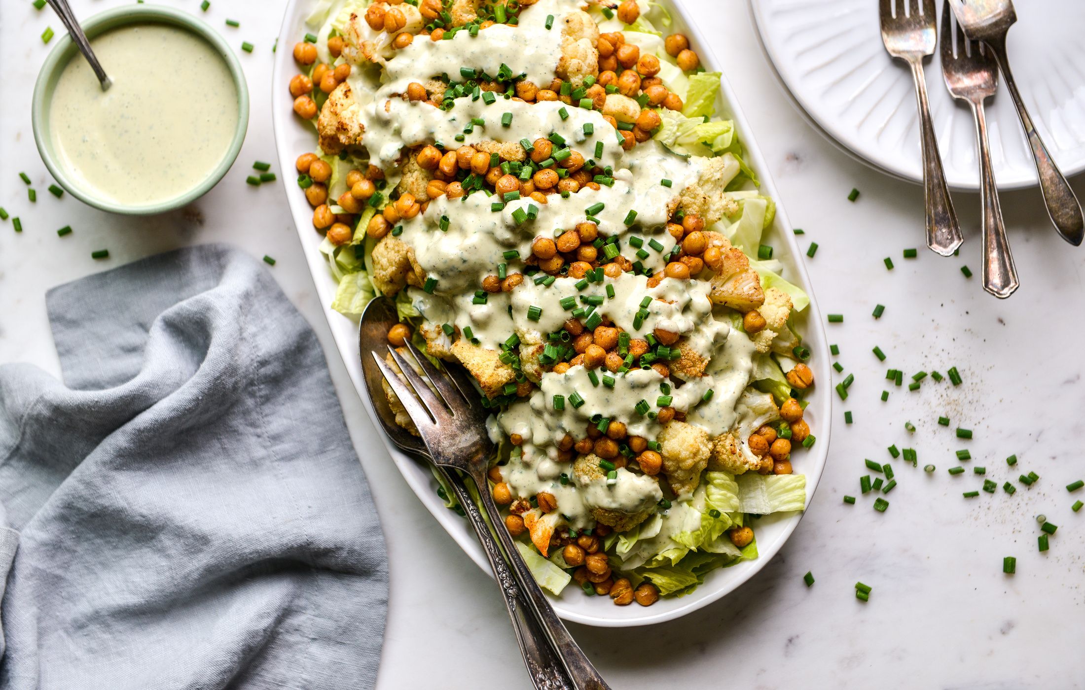 ROASTED CAULIFLOWER AND CHICKPEA SALAD WITH VEGAN CAESAR DRESSING-1