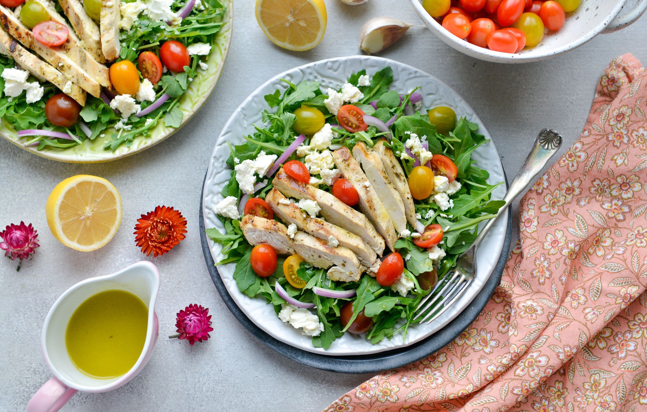 Grilled Chicken, Arugula, Feta, and Tomato Salad