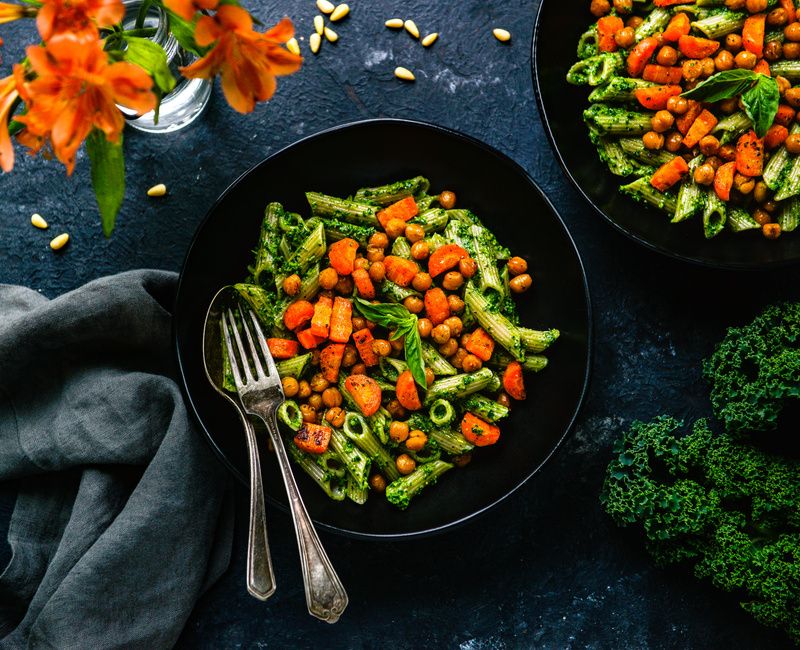 KALE PESTO PASTA ROASTED CHICKPEAS CARROTS VEGAN DAIRY-FREE GLUTEN-FREE-1