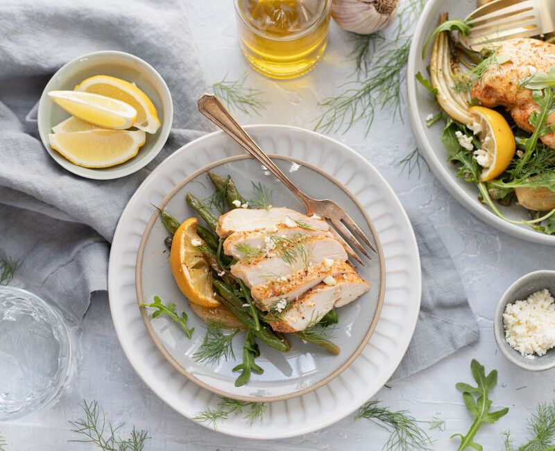 Lemony Sheet Pan Chicken with Fennel, Green Beans, and Arugula