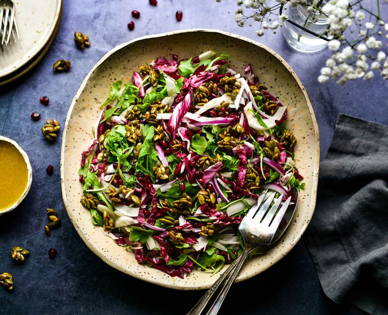 RADICCHIO-FENNEL-ARUGULA SALAD MAPLE-CAYENNE PUMPKIN SEEDS-1