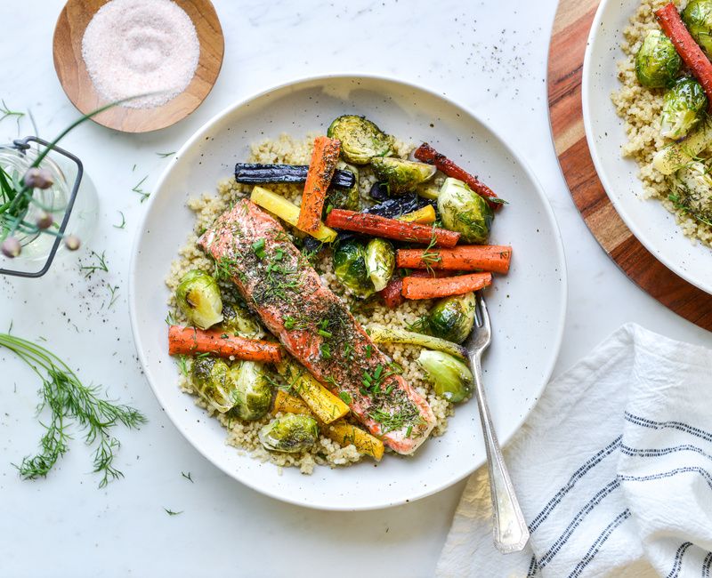 SHEET PAN DILLED SALMON BRUSSELS CARROTS-1