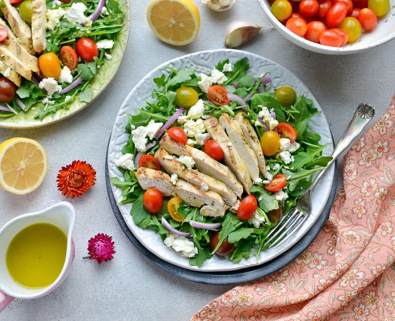 Grilled Chicken, Arugula, Feta, and Tomato Salad