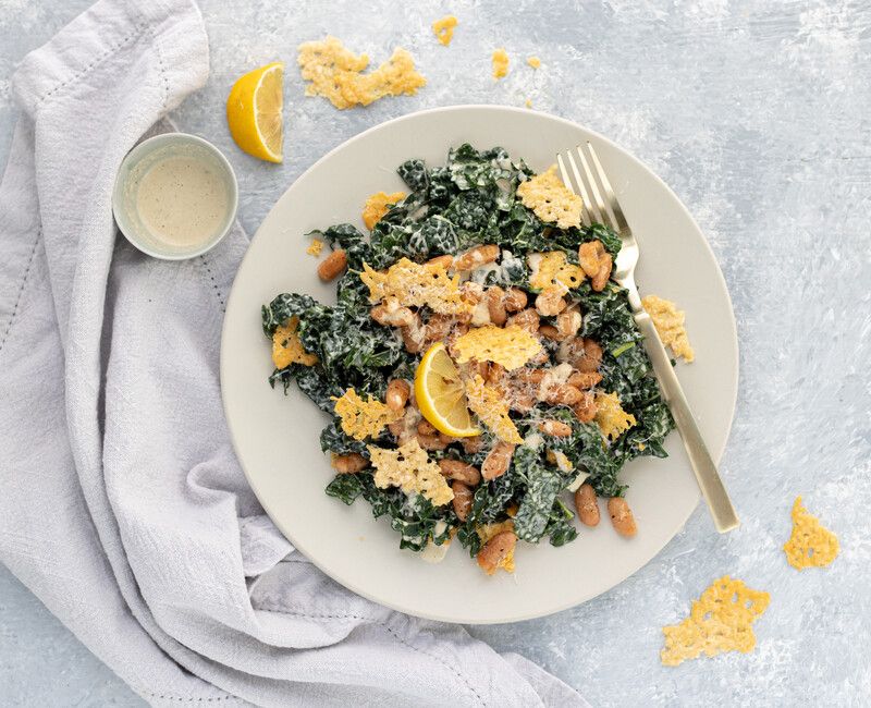 Kale Caesar Salad with Cannellini Beans and Parmesan Crisps 